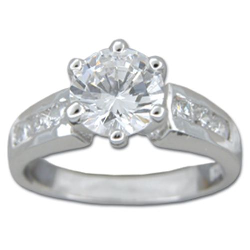 Sterling Silver Round-Cut Clear CZ with Channel Set Clear CZ Engagement Ring