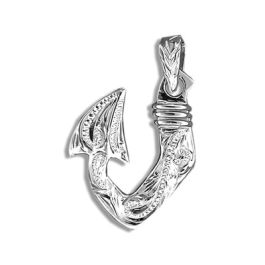 Fine Engraved Sterling Silver Men's Fancy Two Sided Hawaiian Fish Hook  Pendant