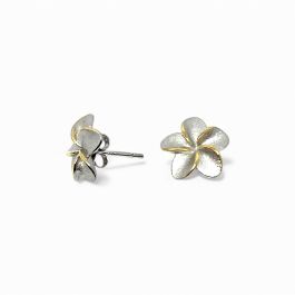 Sterling Silver Plumeria Pierced Earrings with 14K Yellow Gold Accents