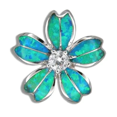Sterling Silver Hawaiian Blue Opal Plumeria Pendant (L) with CZ