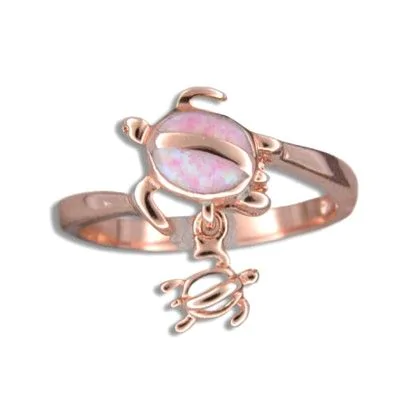 Sterling Silver Hawaiian Mother Baby Honu Pink Opal Ring