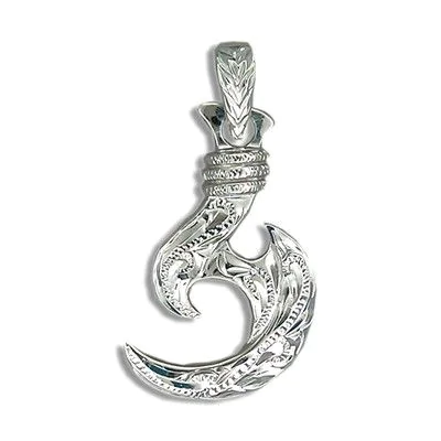 engraved fish hook Fine Engraved Sterling Silver Female Two Sided Hawaiian Serrated Fish Hook  Pendant