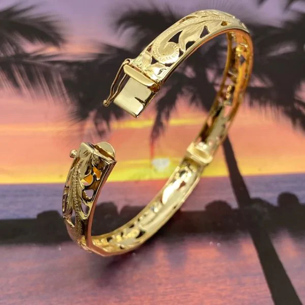 14KT Gold Hawaiian Plumeria Bangle with Box Clasp and hinge