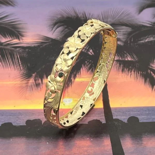 14KT Gold Hawaiian Plumeria Bangle with Box Clasp and hinge