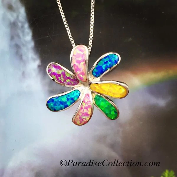 Sterling Silver Hawaiian 25mm Tiare Flower Rainbow Opal Slide Pendant