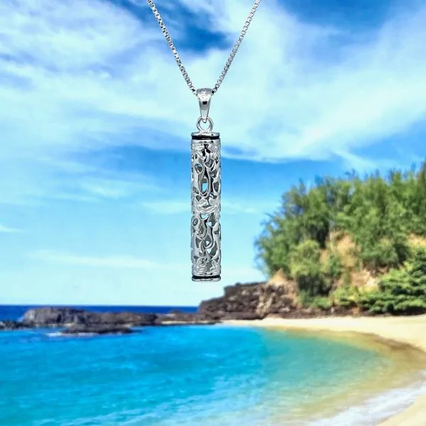 Sterling Silver Hawaiian Hand-Carved Tube with Black Border Pendant