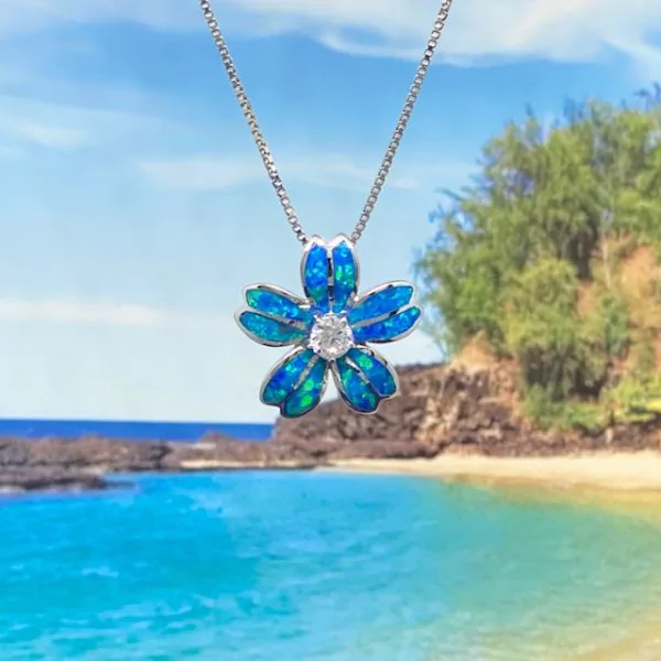 Sterling Silver Hawaiian Blue Opal Plumeria Pendant (L) with CZ