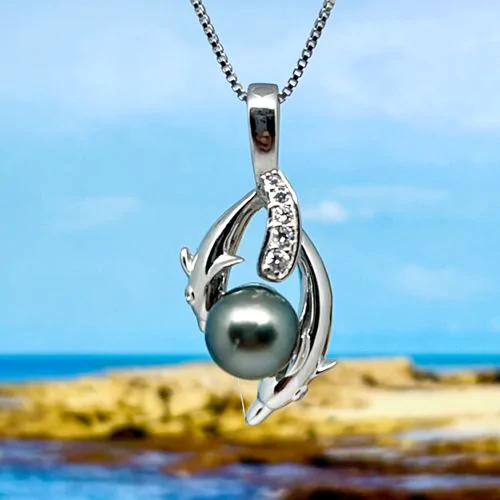 Sterling Silver Swimming Dolphins with Tahitian Pearl