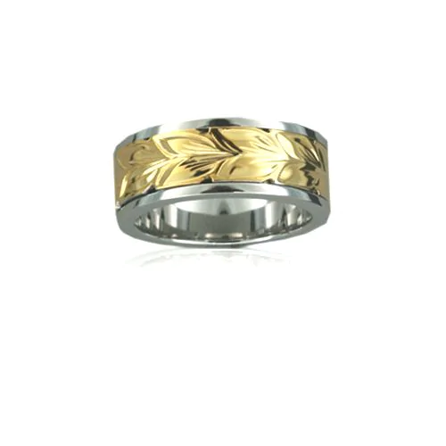 Sterling Silver Hawaiian 14K Yellow Two Toned Maile 8mm Ring Band