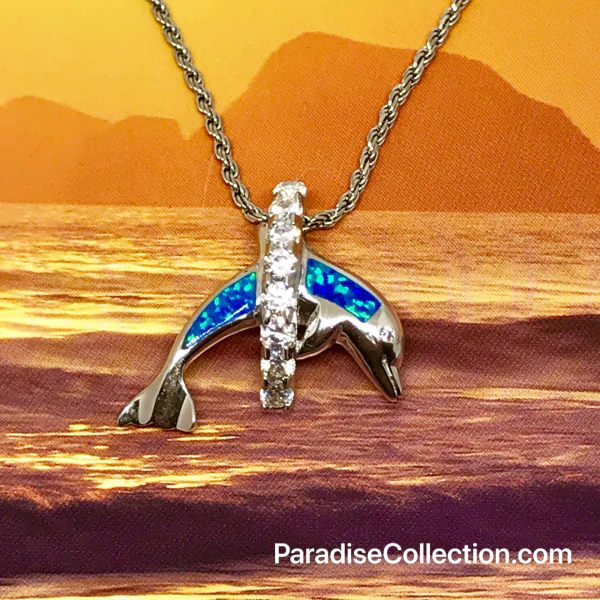Sterling Silver Jumping Blue Opal Dolphin & Hawaiian CZ Leis Pendant