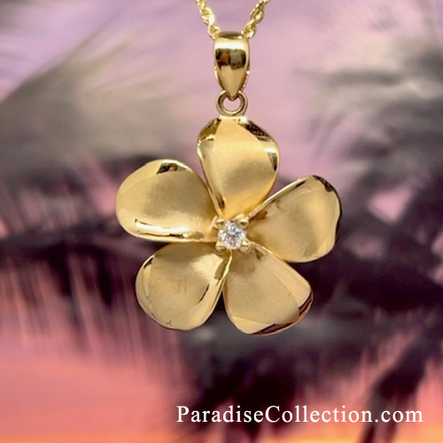 14KT Yellow Gold Plumeria Necklace with Gemstone Accents