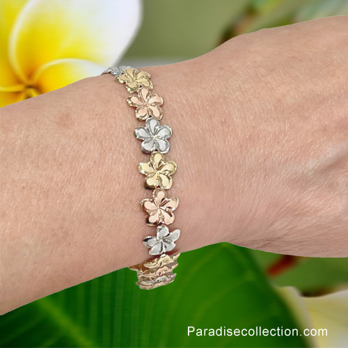 Handcrafted 14KT Tri-color gold Plumeria Bracelet with Intricate Design