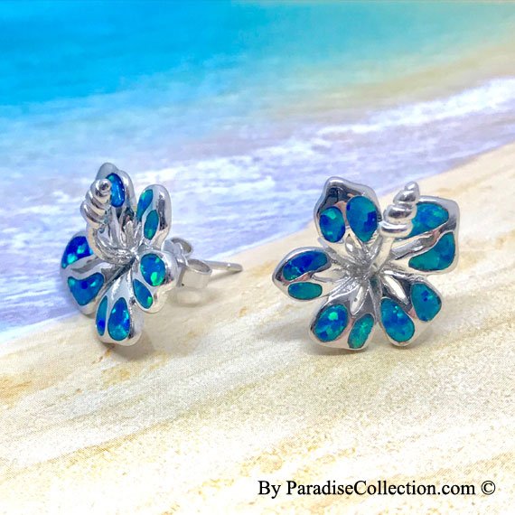 Blue Opal Hibiscus Pierced Earrings